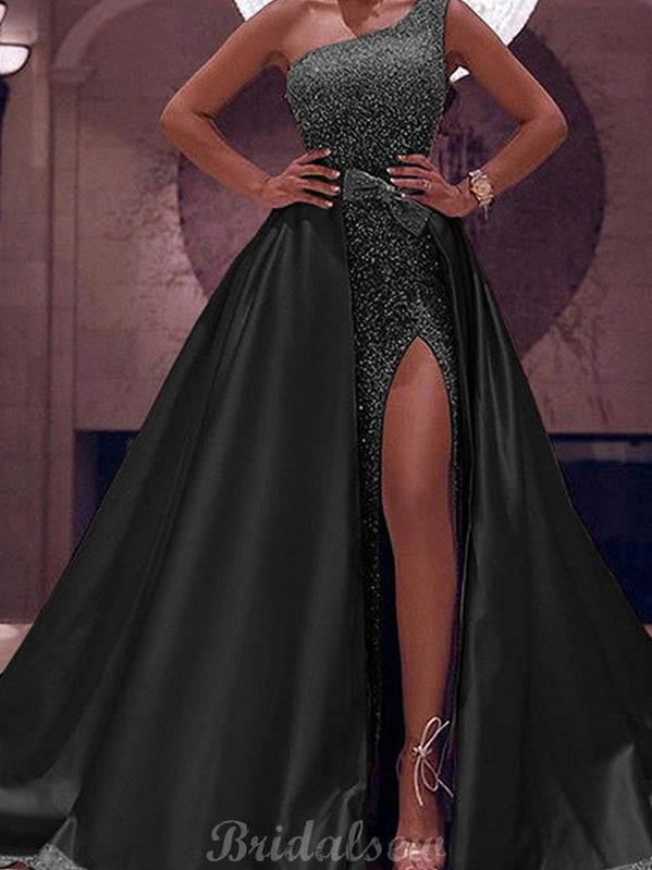 A-line One Shoulder Black Satin Modest Party Queen Prom Dresses PD032