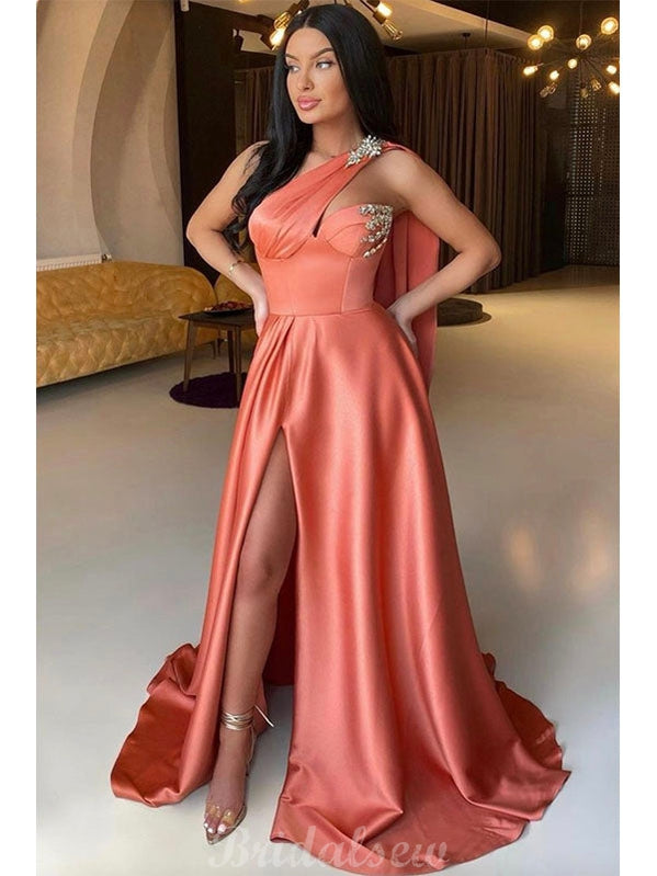 A-line One Shoulder Coral Satin Modest Women Long Evening Prom Dresses –  bridalsew