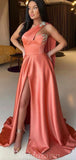 A-line One Shoulder Coral Satin Modest Women Long Evening Prom Dresses PD581