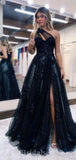 A-line One Shoulder Elegant Glitter Modest Slit Long Party Evening Prom Dresses, PD1267