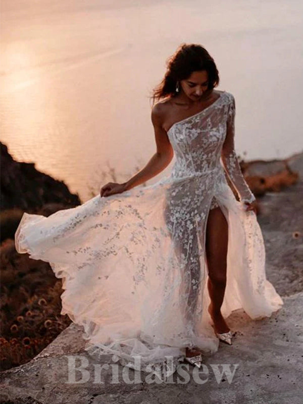 A-line One Shoulder Fairy Unique Vintage Dream Beach Long Wedding Dresses, Bridal Gown WD468