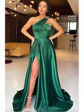 A-line One Shoulder Green Satin Modest Women Long Evening Prom Dresses PD580