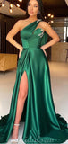 A-line One Shoulder Green Satin Modest Women Long Evening Prom Dresses PD580