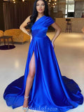 A-line One Shoulder Royal Blue Elegant Satin Party Women Long Evening Prom Dresses PD575