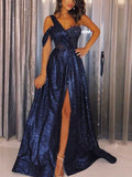 A-line One Shoulder Sparkly Navy Blue Sequin Modest Evening Long Prom Dresses PD328