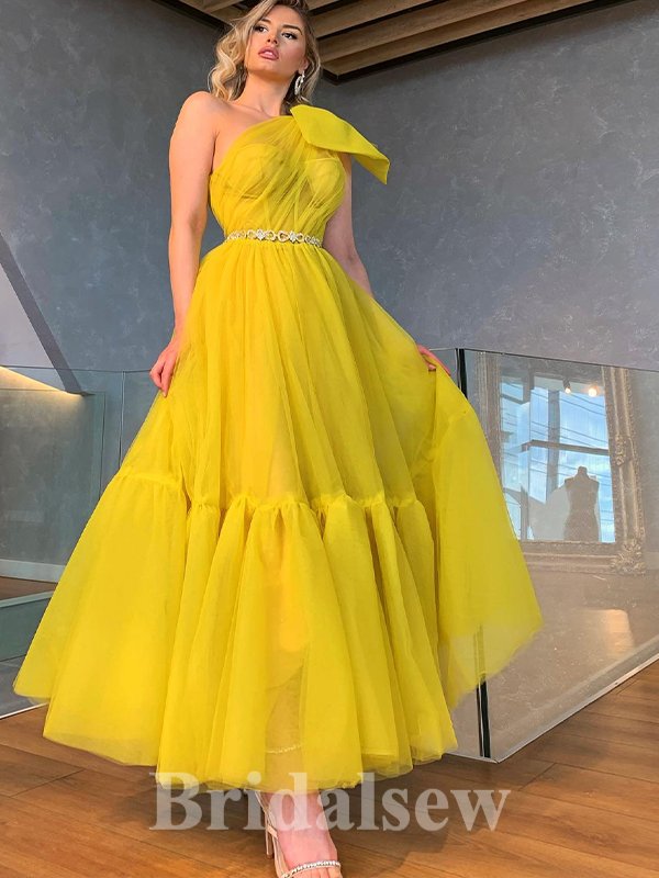 A-line One Shoulder Yellow New Modest Princess Custom Party Prom Dresses PD1184