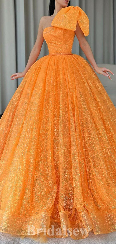 A-line Orange Sequin Sparkly One Shoulder Modest Long Evening Prom Dresses, Gorgeous Ball Gown PD1220