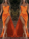 A-line Orange Fitted Simple Side Slit Long Evening Prom Dresses PD141