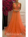 A-line Orange Tulle Spaghetti Straps New Best Modest Formal Long Women Evening Prom Dresses PD901