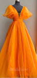 A-line Orange Unique V-Neck Elegant Black Girls Slay Women Long Evening Prom Dresses PD589