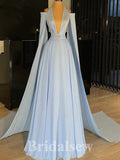 A-line Pale Blue Unique Deep V-Neck New Fashion Long Elegant Party Prom Dresses PD1173