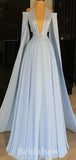 A-line Pale Blue Unique Deep V-Neck New Fashion Long Elegant Party Prom Dresses PD1173