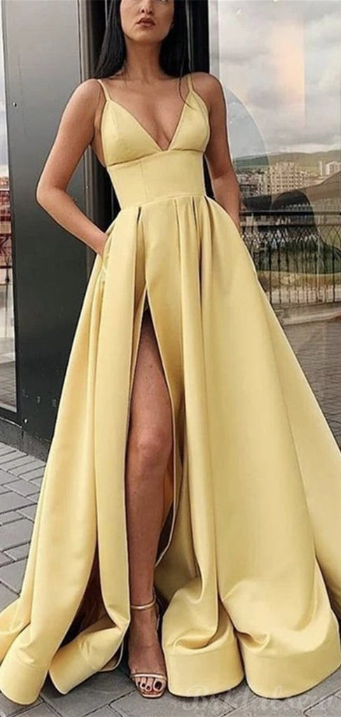 A-line Paster Yellow Satin Spaghetti Straps Prom Dresses Online PD054