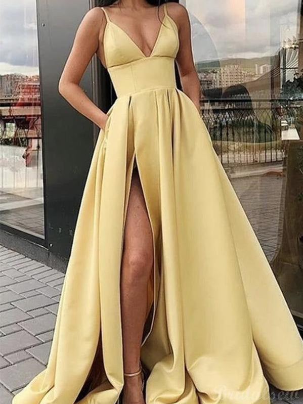 A-line Paster Yellow Satin Spaghetti Straps Prom Dresses Online PD054