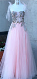 A-line Pink Lace Tulle Fashion Formal Pretty Long Prom Dresses PD249