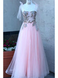 A-line Pink Lace Tulle Fashion Formal Pretty Long Prom Dresses PD249