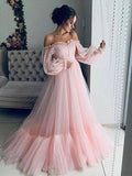 A-line Pink Long Sleeves Tulle Party Long Vintage Prom Dresses Online PD094