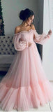 A-line Pink Long Sleeves Tulle Party Long Vintage Prom Dresses Online PD094
