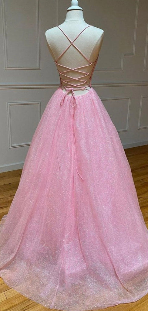A-line Pink Long Sparkly Sequin Straps Formal Evening Party Prom Dresses PD236