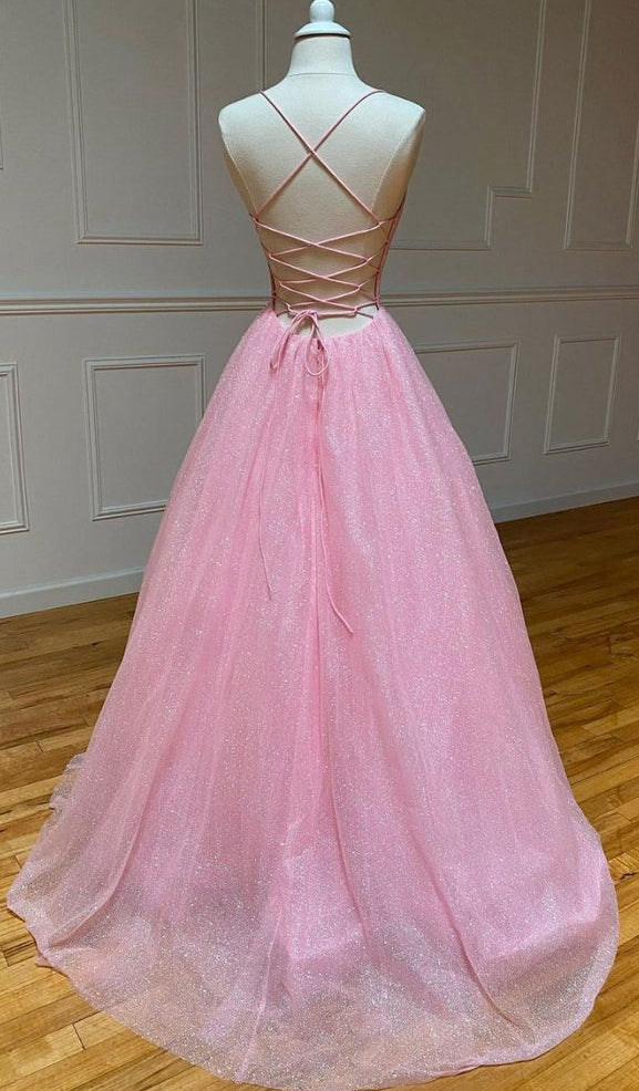 A-line Pink Long Sparkly Sequin Straps Formal Evening Party Prom Dresses PD236