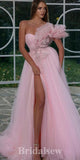 A-line Pink One Shoulder Floor-Length Tulle Stylish Evening Long Prom Dresses PD1122
