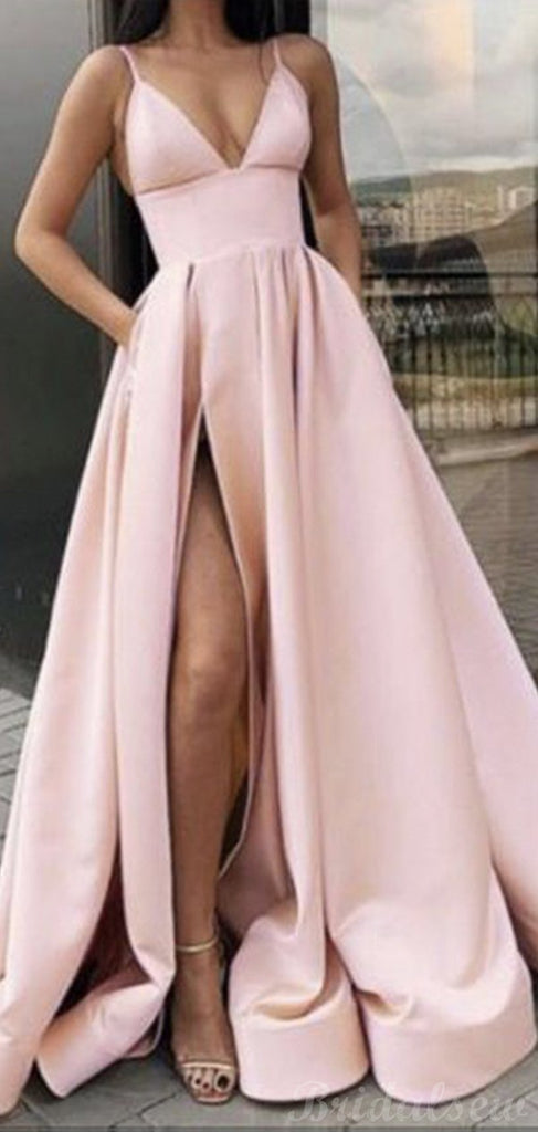 A-line Pink Satin Spaghetti Straps Prom Dresses Online PD055
