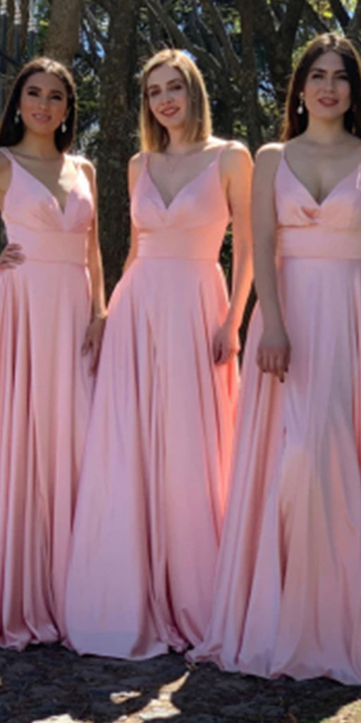 A-line Pink Spaghetti Straps Elegant Formal Long Bridesmaid Dresses BD030