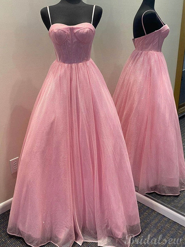 A-line Pink Sparkly Sequin Tulle Long Prom Dresses, Formal Evening Dresses PD263