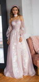 A-line Pink Unique Modest Long Sleeves Formal Party Prom Dresses PD128