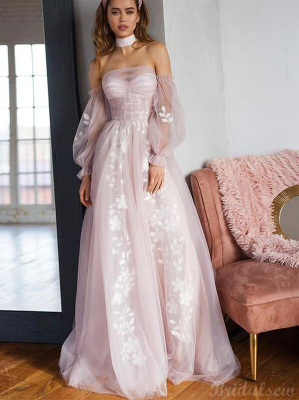 A-line Pink Unique Modest Long Sleeves Formal Party Prom Dresses PD128