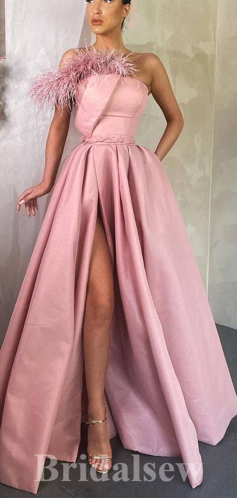A-line Pink Unique Strapless Satin Elegant Modest Long Party Evening Prom Dresses PD1292