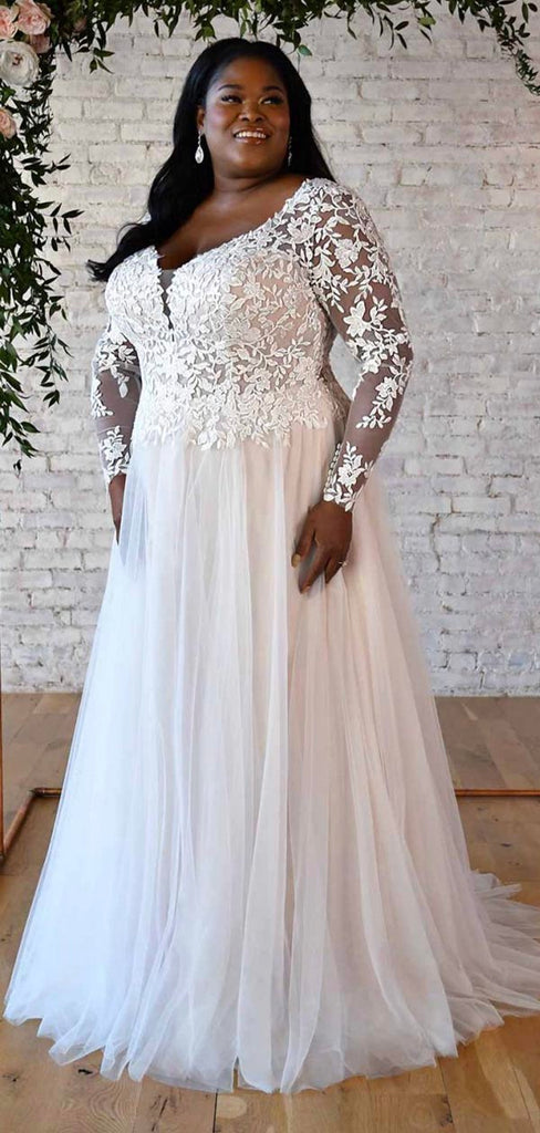 A line Plus Size Long Sleeves Lace Garden Elegant Vintage Beach Long W bridalsew