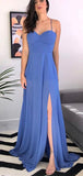 A-line Popular Blue Spaghetti Straps Modest Elegant Prom Dresses PD164