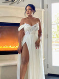 A-line Popular Elegant Off the Shoulder Slit Sexy Vintage Dream Beach Long Wedding Dresses, Bridal Gown WD472
