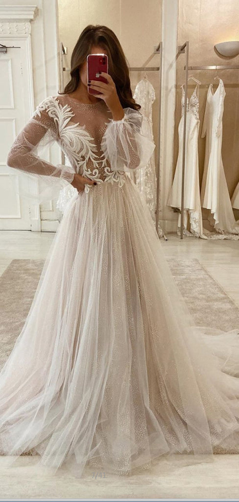 A-line Popular Long Sleeves Vintage Dream Wedding Dresses WD023