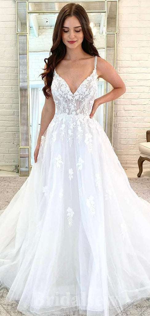 A-line Princess Spaghetti Straps Garden Fairy Beach Vintage Long Wedding Dresses, Dream Bridal Gown WD430