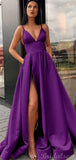 A-line Purple Spaghetti Straps Satin Popular Party Long Prom Dresses, Evening Dress PD360