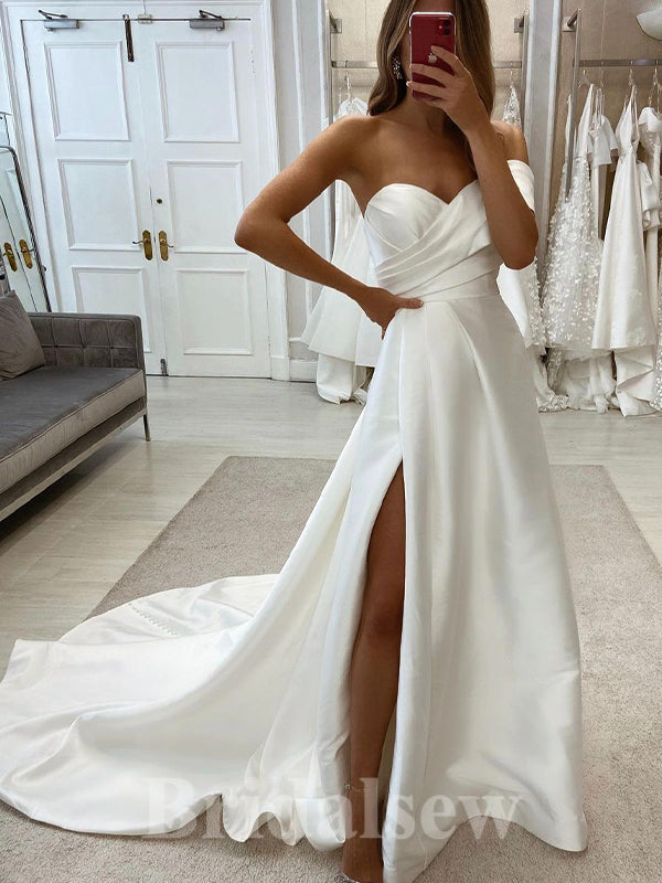 A-line Real Made Satin Elegant Classy Slit Beach Vintage Long Wedding Dresses WD341