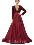 A-line Red Burgundy Pink Sequin Sparkly Giltter Long Sleeves New Long Women Evening Prom Dresses PD838