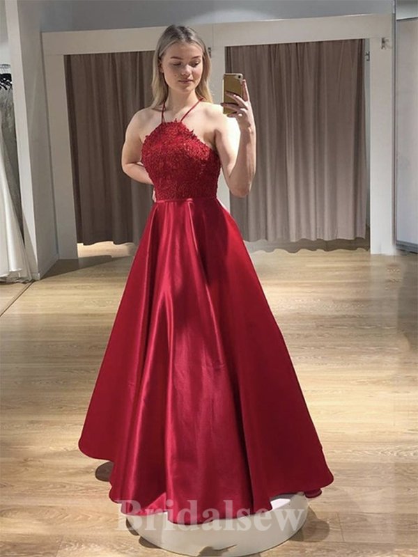 A-line Red Halter Custom Modest Elegant Long Party Evening Prom Dresses PD1331