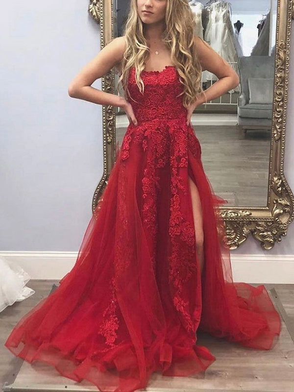 A-line Red Lace Custom Elegant Party Modest Long Prom Dresses with Sli bridalsew A-line Red Lace Custom Elegant Party Modest Long Prom Dresses with Sli bridalsew