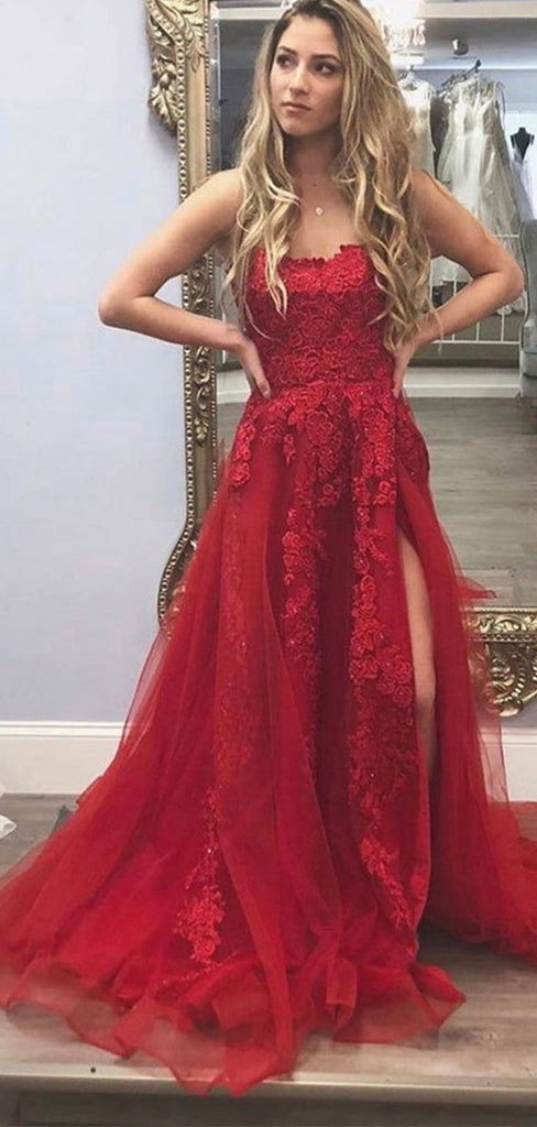 A-line Red Lace Custom Elegant Party Modest Long Prom Dresses with Sli bridalsew A-line Red Lace Custom Elegant Party Modest Long Prom Dresses with Sli bridalsew