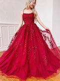 A-line Red Lace Popular Spaghetti Straps Elegant Long Prom Dresses PD243