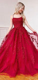 A-line Red Lace Popular Spaghetti Straps Elegant Long Prom Dresses PD243