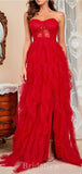 A-line Red Lace Tulle Modest Elegant Sexy Popular Long Party Evening Prom Dresses PD1277