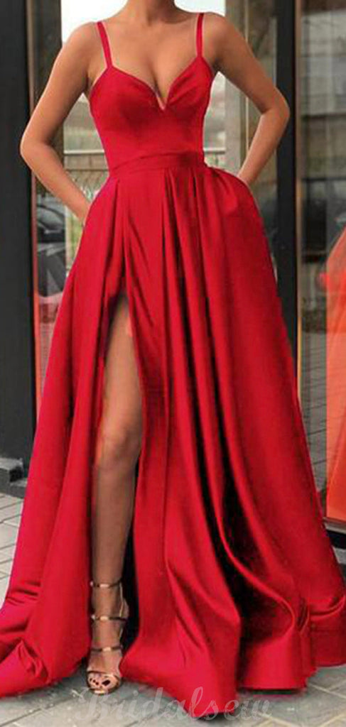 A-line Red Modest Satin Simple Elegant Side Slit Prom Dresses Online PD099