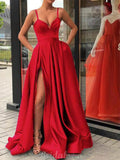 A-line Red Modest Satin Simple Elegant Side Slit Prom Dresses Online PD099