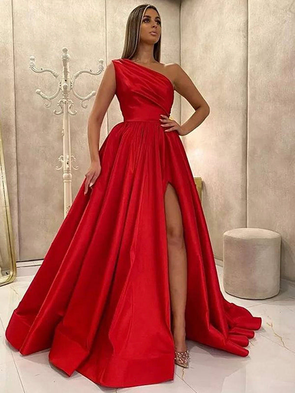 A-line Red One Shoulder Elegant Fashion Formal Long Evening Prom Dresses PD279