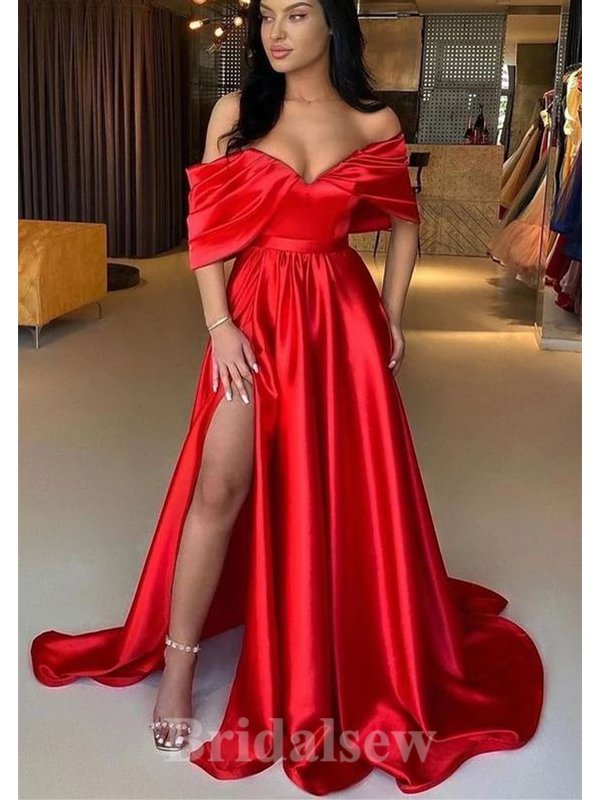 A-line Red Satin Off the Shoulder Elegant Long Party Evening Prom Dresses PD1281