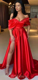 A-line Red Satin Off the Shoulder Elegant Long Party Evening Prom Dresses PD1281